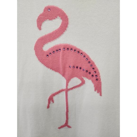 Belle Beach by Kim Gravel Flamingo Embellished Sweater Large White Short Sleeve - Picture 3 of 9